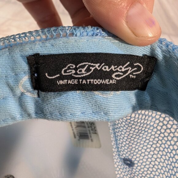 Ed Hardy Vintage Tattoo Wear Light Blue Skull Wing New York City Trucker Cap - Picture 9 of 10